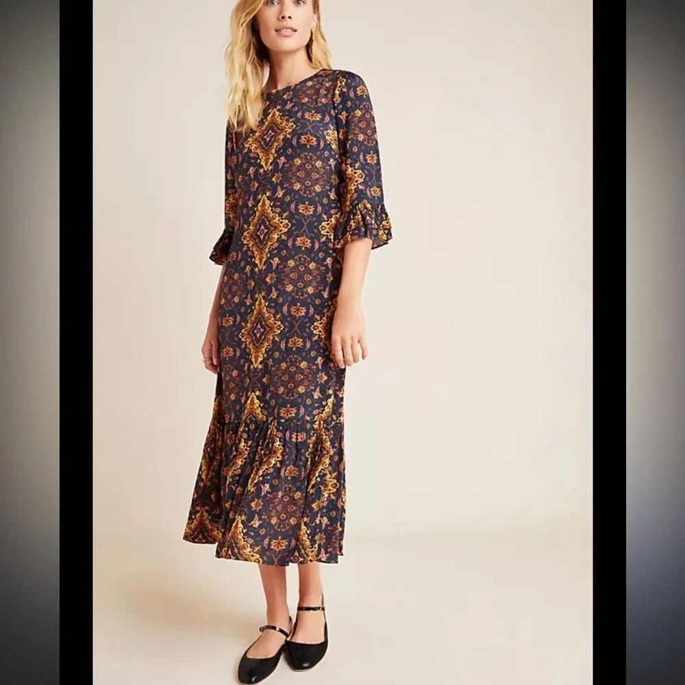 Anthropologie x Kachel Silk Blend Navy Printed Midi Dress Size 6